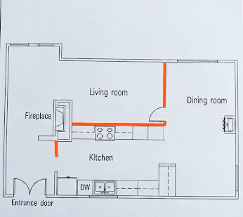 Plan showing the Bellevue living room, dining room, kitchen, fireplace, and walls included in the remodel