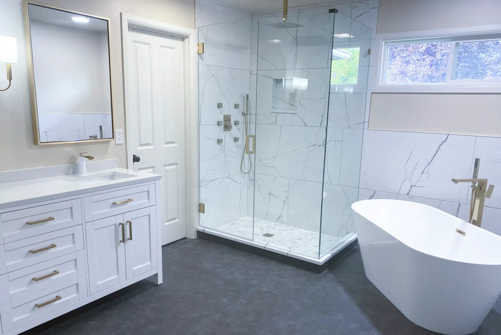 Finished primary bathroom in Issaquah, WA, tub view