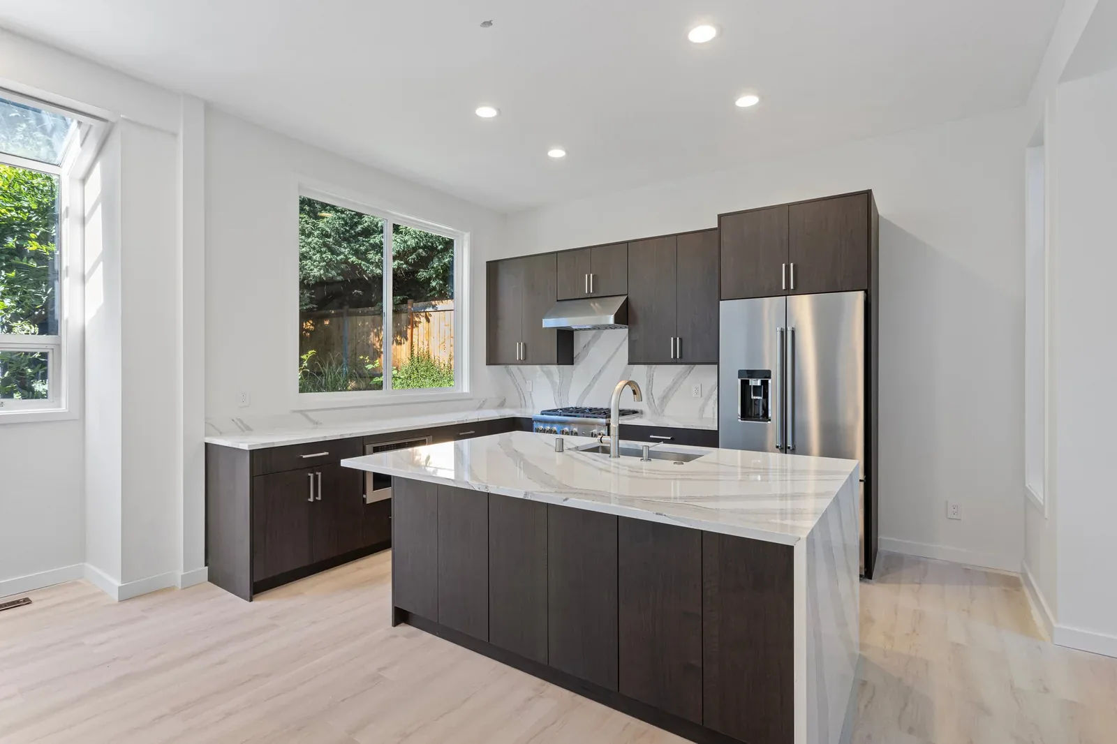 Finished Kirkland kitchen island with a garden view