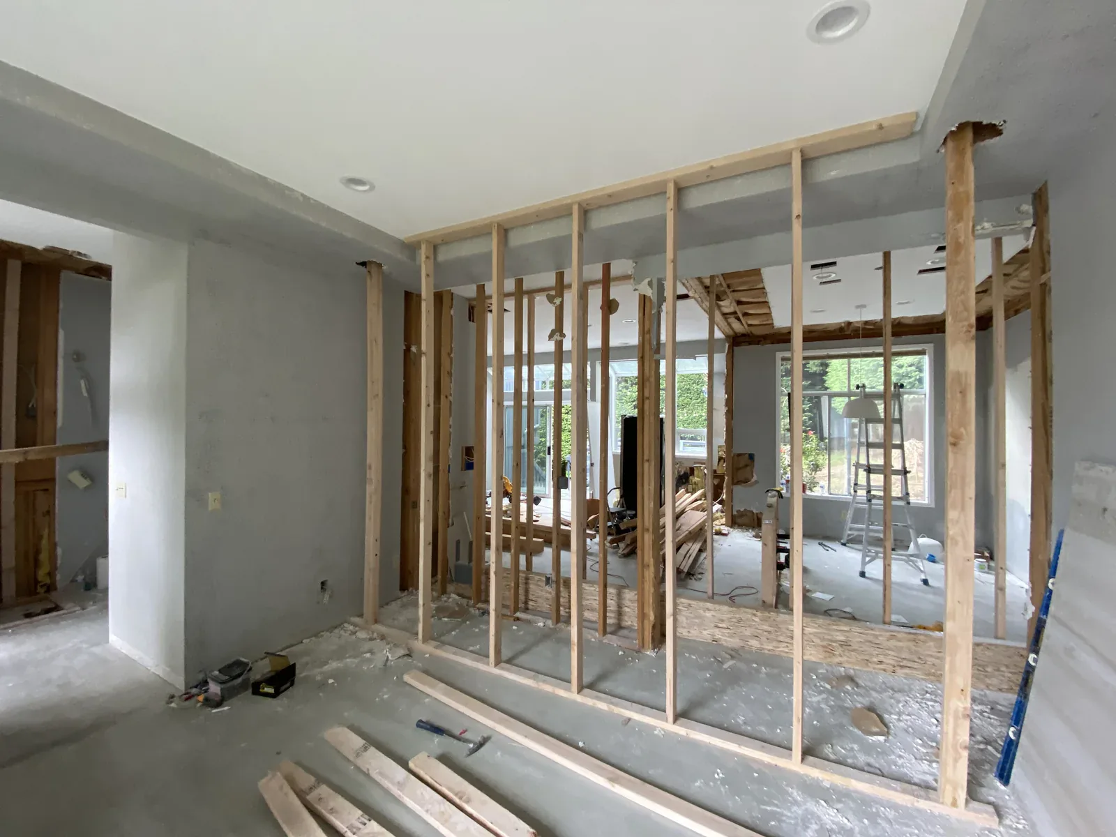 During: structural framing for the relocated kitchen in the Kirkland full home remodel